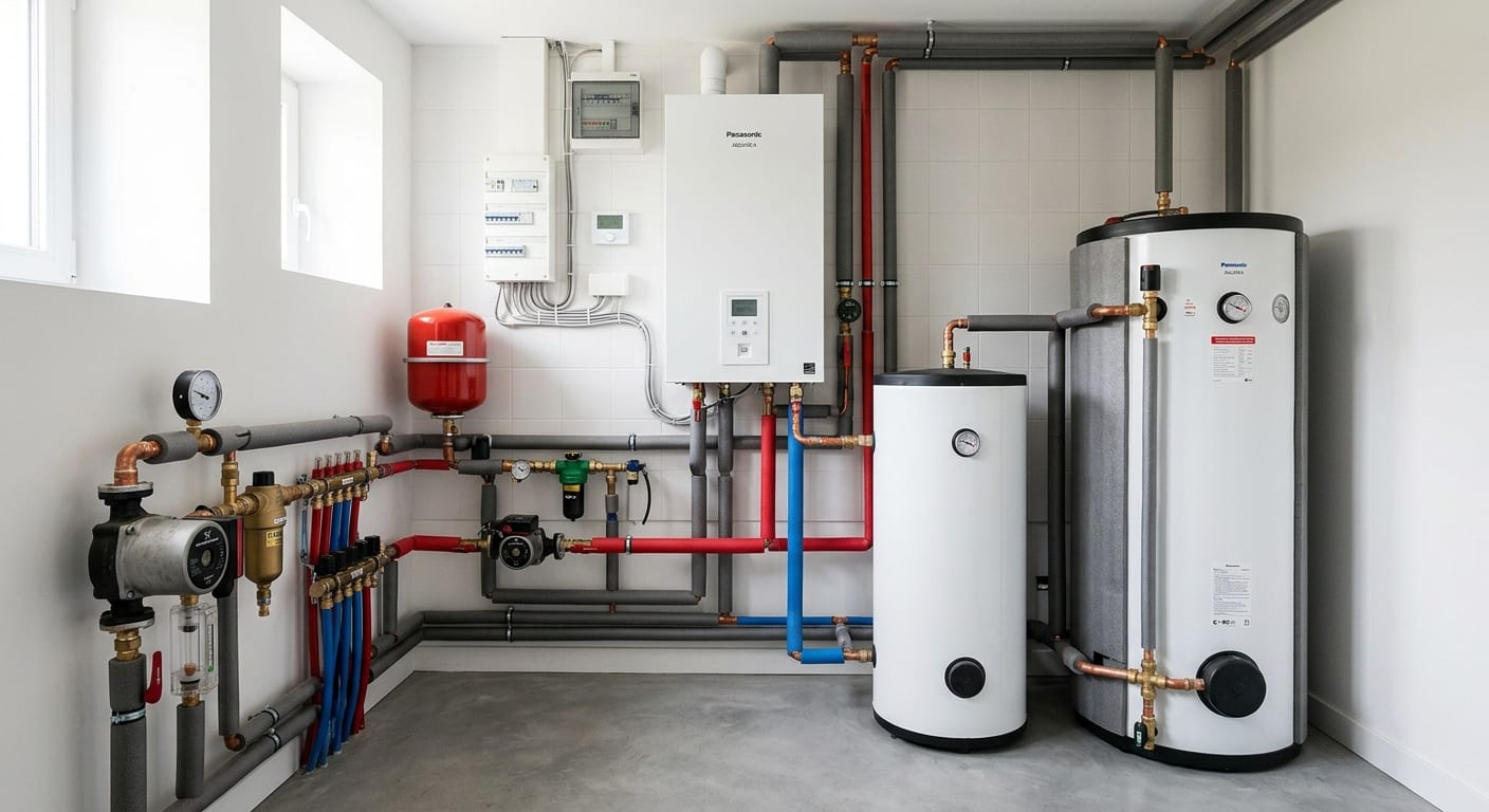 Intérieur d'un local technique propre avec une pompe à chaleur air eau raccordée au réseau de chauffage central